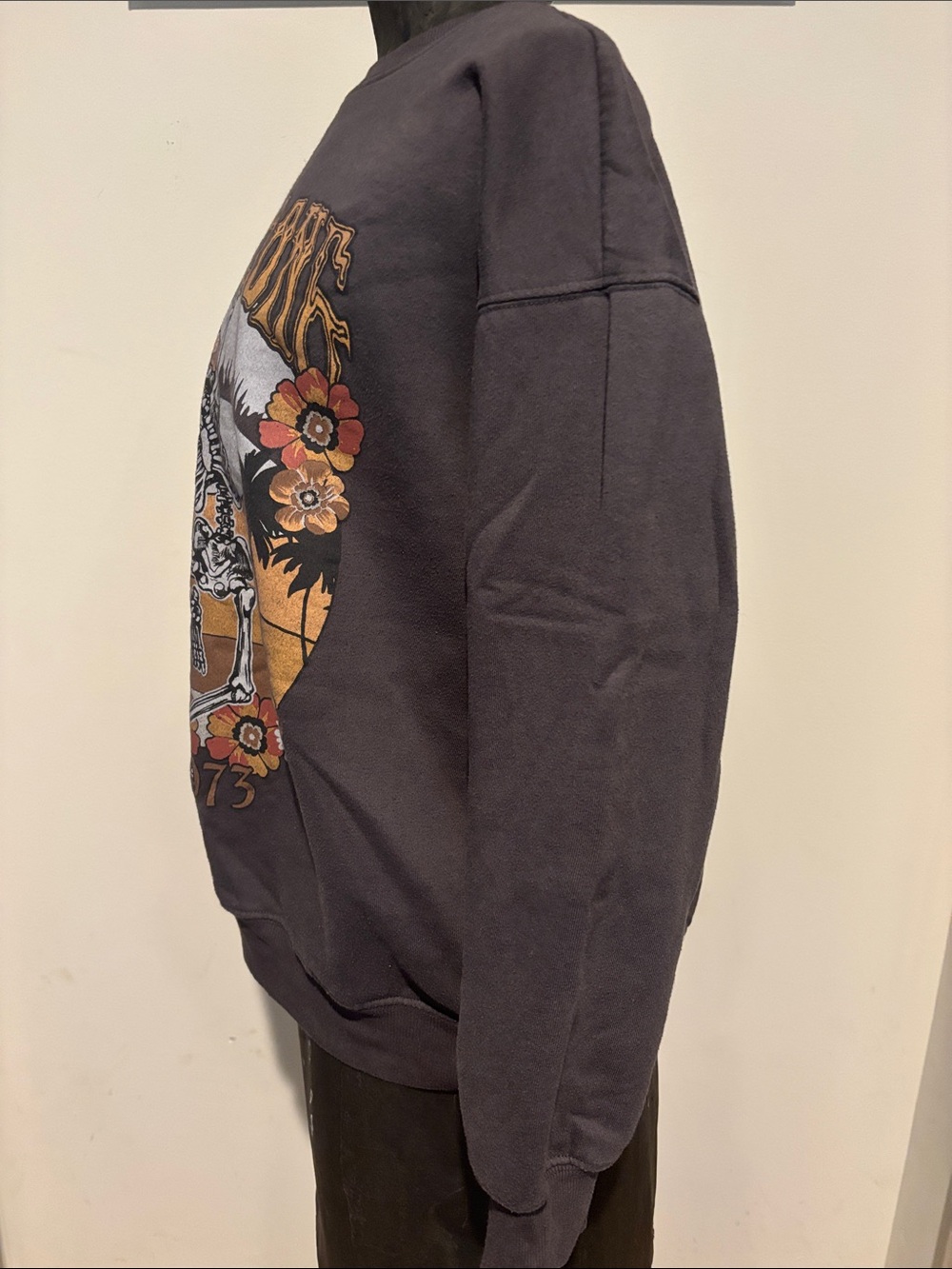 Billabong Charcoal Crewneck Sweatshirt with Orange Floral Skeleton Graphic - Picture 3 of 4